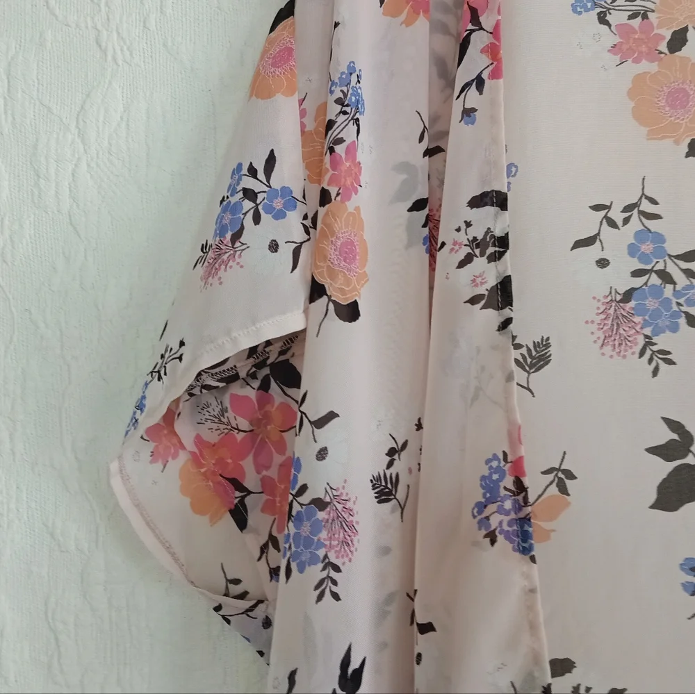 Pink Floral Sheer Kimono Wrap Elegant Soft Girl Femme Flowy Pastel Airy Light OS